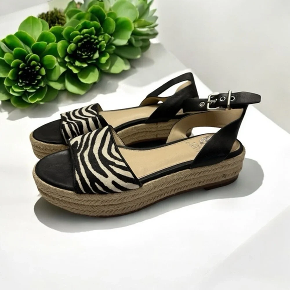 Vince Camuto Espadrille Sandals Womens 6 Black Zebra Print Platform Buckle Strap